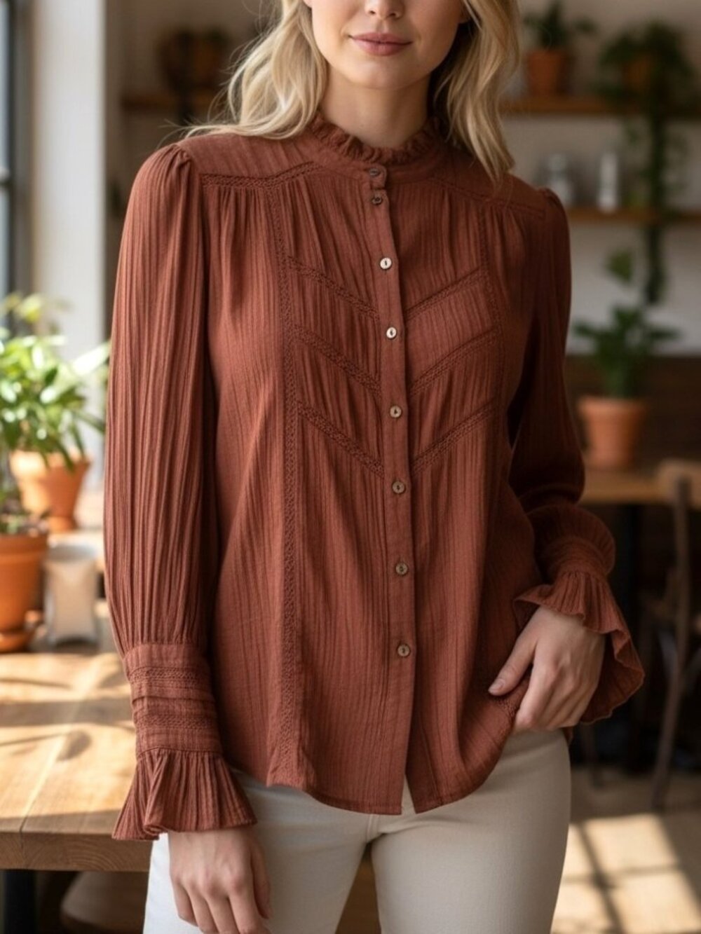 Sundance Rust Cotton Victorian Prairie Blouse Size Small Ruffle Neck Lace Trim